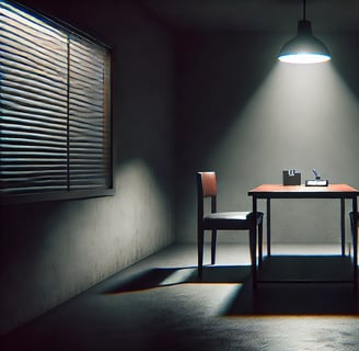 Dark interrogation room with a single overhead light casting shadows over a stark table and two chairs