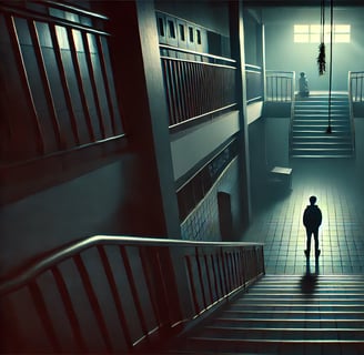 A lone boy stands in a dark stairwell, facing shadows and memories, symbolizing loss, fear, and isolation