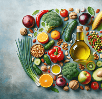 a circle of fruits and vegetables with a bottle of olive oil