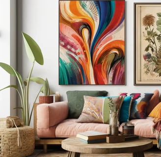 A vibrant abstract painting with a vintage botanical print