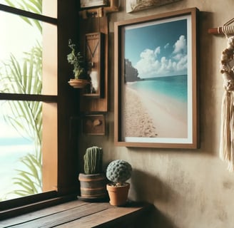 handmade macramé hanging next to a framed photo from a vacation