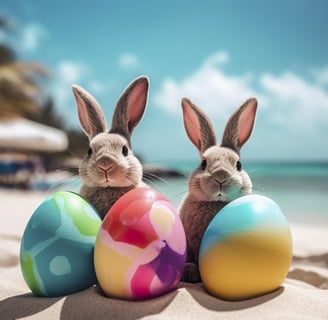two rabbits are sitting on the beach near the sea in front of palm trees on holiday