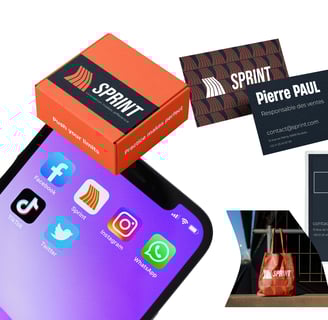 Des mockups avec une boite de chaussure, une carte de visite, un badge, des tote bags etc