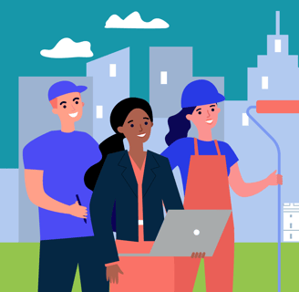 Illustration of three workers standing in front of a city