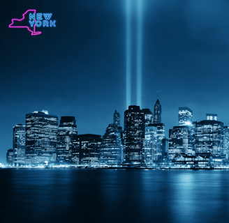 a city skyline view of a city at night