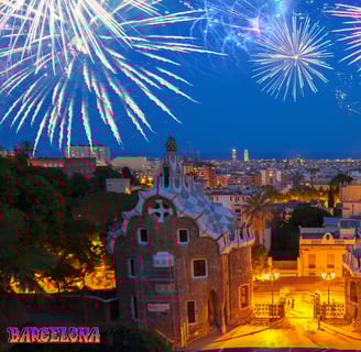A nightview from Barcelona and fireworks in the sky over a city
