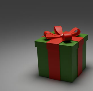 A 3D-rendered gift box with a green base and red ribbon bow, created in Blender.