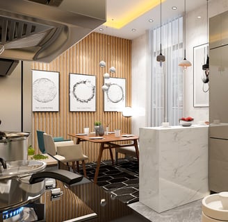a kitchen with a marble counter top and a sink