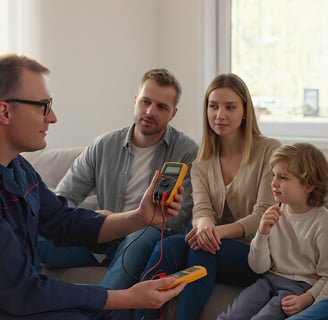 Szakértő villanyszerelő konzultál egy családdal otthonukban