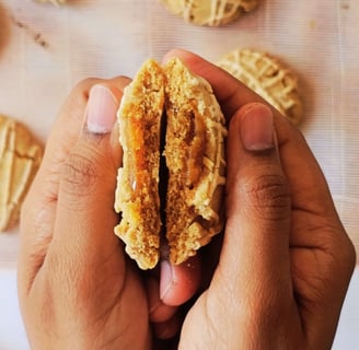 Caramel-filled cookie with rich caramel oozing out