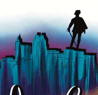 vibrant illustration featuring Sir Walter Raleigh standing atop Raleigh city skyline.