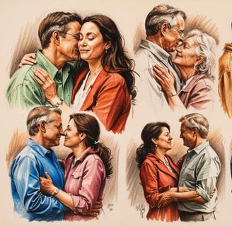 A heartfelt painting of a couple sharing a kiss and hug, illustrating the bond of love in long-term relationships.