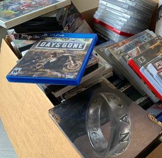 Backlog box full of video games.