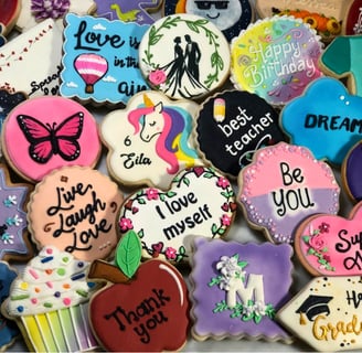 Beautifully decorated cookies with royal icing designs for various occasions custom-made for birthdays, weddings, baby shower