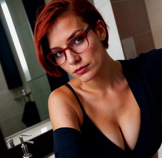 a woman with red hair and glasses on her face