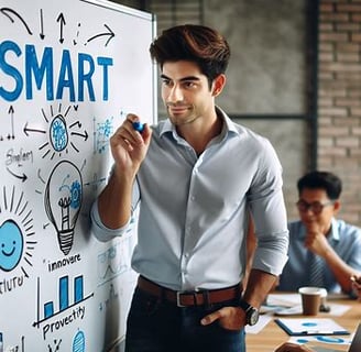 man presenting with marker, in front of whiteboard written SMART and other scribblings..