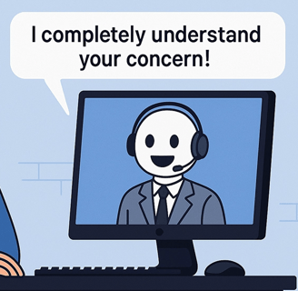 Annoyed man talking to robot support agent on screen during fake AI tech support session.