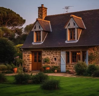 Vue de l'extérieur d'une maison Bretonne et dont le jardin est bien entretenu par la conciergerie