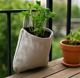 Tote bag suspendu à une rambarde de balcon, recyclé en pot de culture avec du céleri.