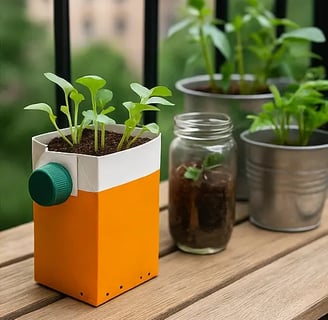 Brique alimentaire recyclée en pot de culture, contenant de jeunes pousses, posée sur une table