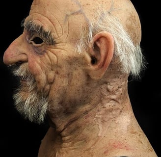 Realistic silicone facial prosthetic showing details of wrinkles and skin texture.
