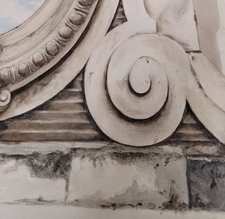 Détails d'un décor peint en trompe-l'oeil, imitation de matière, fausses moulures.