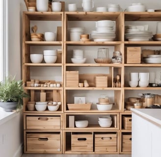 Organização de armário de cozinha, prateleiras, caixas organizadoras em madeira, com louças brancas.