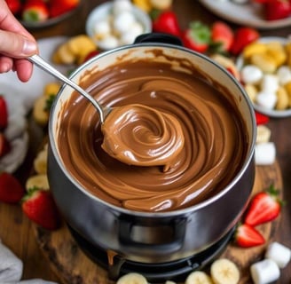 peanut butter chocolate fondue in a pot with berries and bananas
