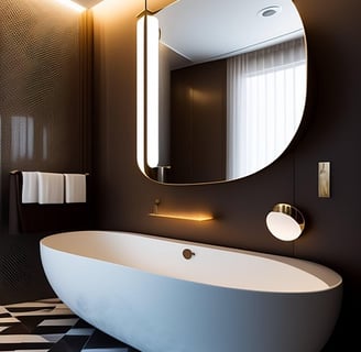 baignoire îlot, miroir design, carrelage noir et blanc