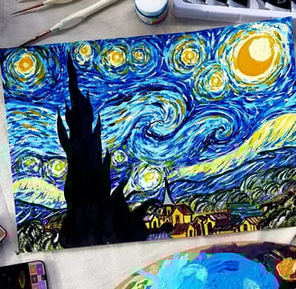 alt="Van Gogh's Starry Night painting featuring a swirling night sky over a quiet village"