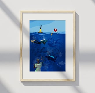 Framed underwater scene with scuba divers and statue
