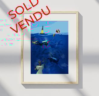 Framed underwater scene with scuba divers and statue