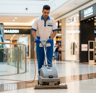 Agent de nettoyage utilisant une monobrosse pour nettoyer le sol dans un centre commercial