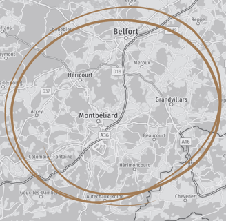 Carte mettant en avant la zone d’intervention du couvreur autour de Montbéliard, Belfort, Héricourt et Grandvillars, pour tou