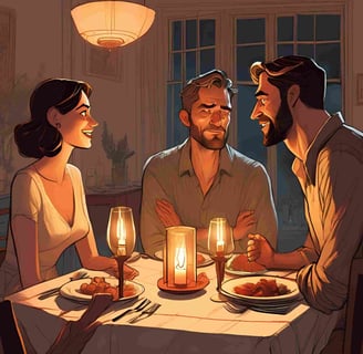 A couple dining at a table with candles, while a man watches his wife and her friend with a jealous expression.