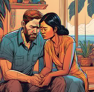 A couple sits together on a couch; the woman gently consoles her husband, who is visibly struggling with depression.