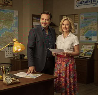 a man and woman standing in front of a desk