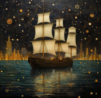 digital oil painting of an old ship sailing under round stars at the edge of a port city