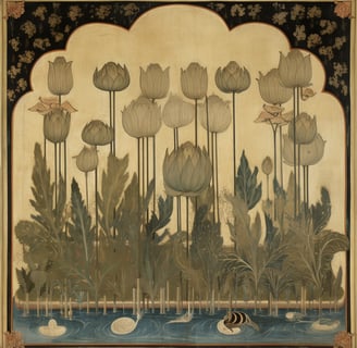 digital oil painting of lotus style flowers and water lilies, gold tones with blue water