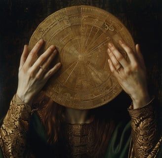 Digital painting of a bronze disc held by a woman's two hands.