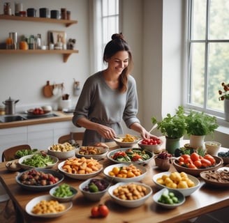 Two people are smiling and reaching for snacks on a table filled with various foods, including pizza, popcorn, chips, fresh vegetables, and a can of energy drink labeled 'Positive Energy'. The setting appears relaxed and casual.