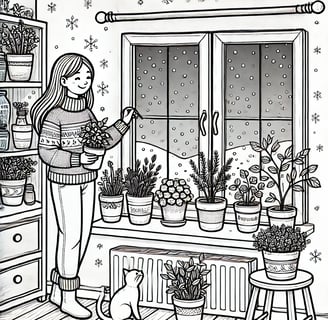 a woman in the winter with her herb garden