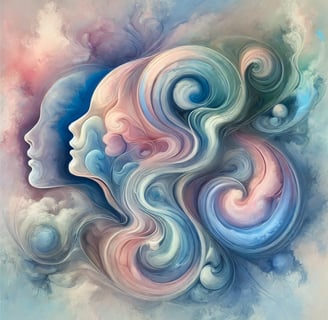 Artistic depiction of faces merged with pastel swirls, illustrating mind-body unity.
