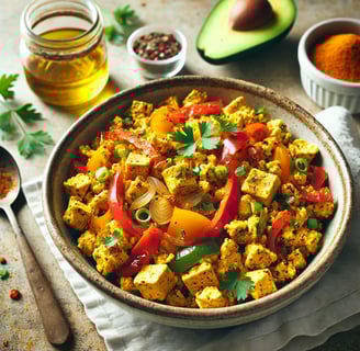 Spicy tofu stir-fry with bell peppers, onions, and fresh herbs in a rustic bowl.