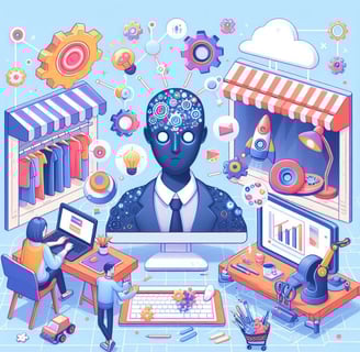 a cyborg in a suit and tie is shown surrounded by retail images
