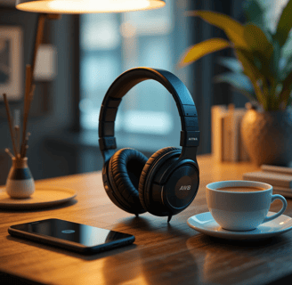 Headphone AIWA HP-02-B Bluetooth com ANC sobre uma mesa ao lado de uma xícara de café.