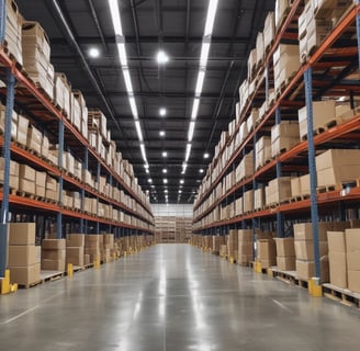 A large warehouse aisle flanked by tall metal shelves filled with stacked boxes and packages. The shelves extend towards the back of the warehouse, where they converge in the distance. The lighting is bright and industrial, with fluorescent lights illuminating the space.