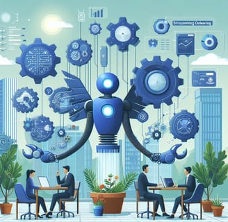 a robot in the background working on the onboarding process.