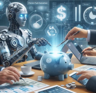 a robot is sitting at a table with a piggybank and showing the AI automation protfolio