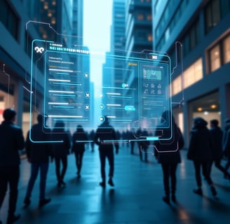 People walking with overlaid digital augmented reality interfaces.